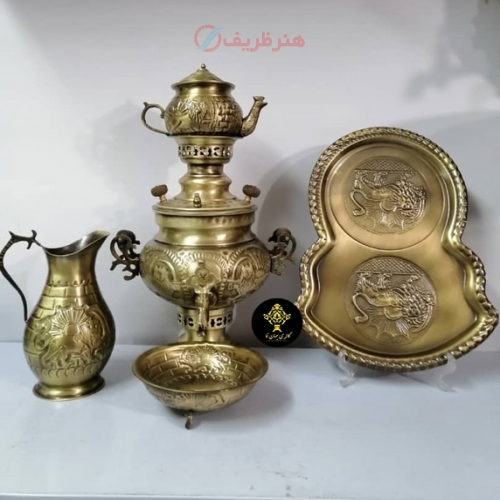 خرید، قیمت و شمخصات سرویس کامل سماور زغالی برنجی 3.5 لیتری قلم دست، نانو شده | هنرظریف