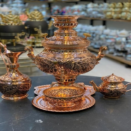 خرید، قیمت و مشخصات سرویس سماور گازی برنجی 6 لیتری با آبکاری مس، سیاه قلم به قیمت تولیدی | هنرظریف