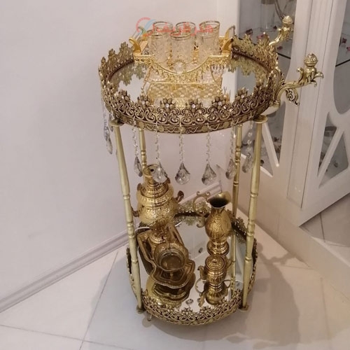 مشخصات، قیمت و خرید میز بار صفحه گرد دو طبقه، جنس آلیاژ آلومینیوم، آبکاری برنز به قیمت تولیدی  | هنرظریف