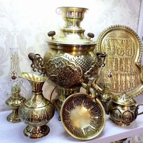 خرید، قیمت و مشخصات سرویس 7 پارچه سماور زغالی برنجی طرح فرش، سنگین وزن و زیبا، زیر قیمت بازار | هنرظریف