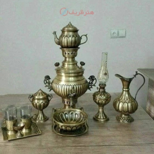 خرید، قیمت و مشخصات سماور ذغالی 3 لیتری با سرویس 11 تکه برنجی، با ورق ضخیم و با کیفیت بالا | هنرظریف