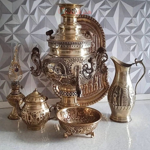 خرید، قیمت و مشخصات سماور برنجی شیرو خورشید 6 لیتری مدل عدسی، قلم دست، زیر قیمت بازار | هنرظریف