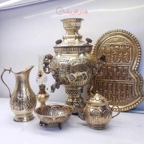 خرید، قیمت و مشخصات سماور ذغالی برنجی 6 لیتری طرح شیر و خورشید با ضمانت برنج اصل، زیر قیمت بازار | هنرظریف