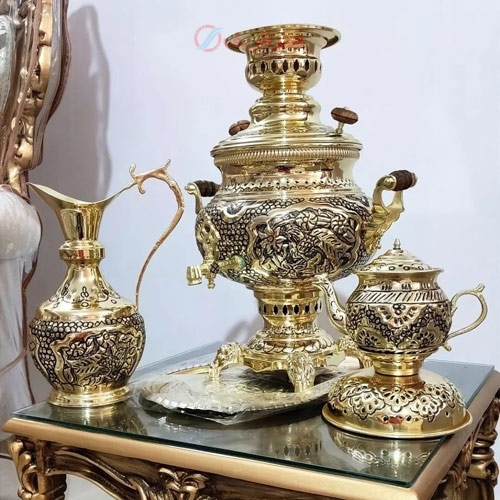 خرید، قیمت و مشخصات سماور زغالی برنجی 6 لیتری با سرویس 5 تکه بسیار با کیفیت، مستقیم از تولیدی | هنرظریف