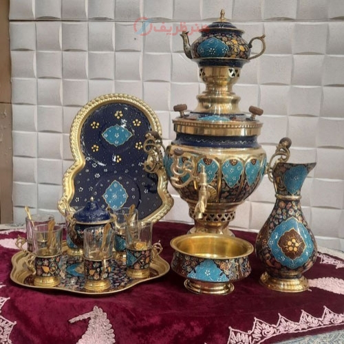 خرید، قیمت و مشخصات سرویس کامل سماور زغالی برنج و پرداز با نقاشی دست به همراه چایخوری به قیمت تولیدی | هنرظریف