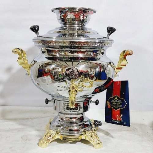 خرید، قیمت و مشخصات سماور گازی برنجی 8 لیتری مهسان، دسته و پایه طلایی با بدنه ضخیم | هنرظریف