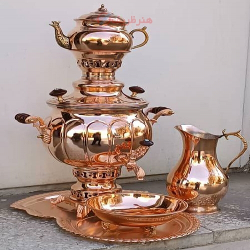 خرید، قیمت و مشخصات سرویس سماور زغالی مسی 4 لیتری، ورق ضخیم و سنگین وزن به قیمت تولیدی | هنرظریف