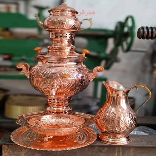 خرید، قیمت و مشخصات سرویس سماور زغالی 4 لیتری مسی، با قلمزنی اعلاء، ورق ضخیم به قیمت تولیدی | هنرظریف