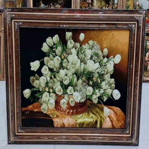 خرید، قیمت و مشخصات تابلو فرش دستبافت تبریز طرح گل لاله، بسیار زیبا و شیک، چله ابریشم و رج 50، با ضمانت کیفیت | هنرظریف