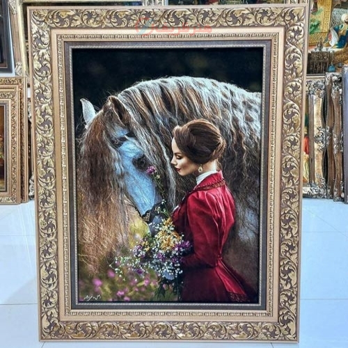 خرید، قیمت و مشخصات تابلو فرش دستبافت بسیار با کیفیت، محصول تبریز، رنگبندی خاص، رج 50، مارکدار اصل و چله ابریشم | هنرظریف