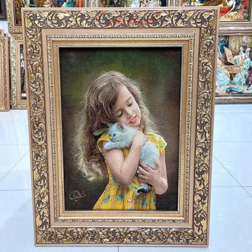 خرید، قیمت و مشخصات تابلو فرش دستبافت تبریز طرح دختر و گربه، مارکدار، چله ابریشم، با رنگبندی خاص و طبیعی با کیفیت | هنرظریف