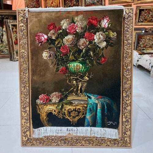 خرید، قیمت و مشخصات تابلو فرش دستبافت تبریز طرح گل طولی، مناسب خاص پسندان، چله ابریشم، استفاده شده از رنگ طبیعی | هنرظریف