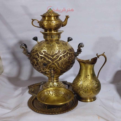 خرید، قیمت و مشخصات سماور ذغالی برنجی 6 لیتری، جهان نما، قلم زنی گل و مرغ_ هنرظریف