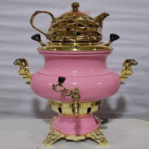 خرید، قیمت و مشخصات سماور گازی برنجی ۶ لیتری نسترن، ورق ضخیم برنجی، با دوام بالا و رنگ های چشم نواز_ هنرظریف