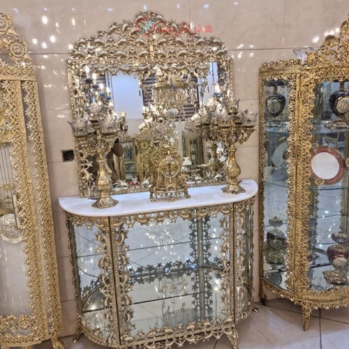 خرید، قیمت و مشخصات کنسول پایه خراطی، چوب روس، روکش مازول ایتالیا جنس برنز و برنج_ هنرظریف