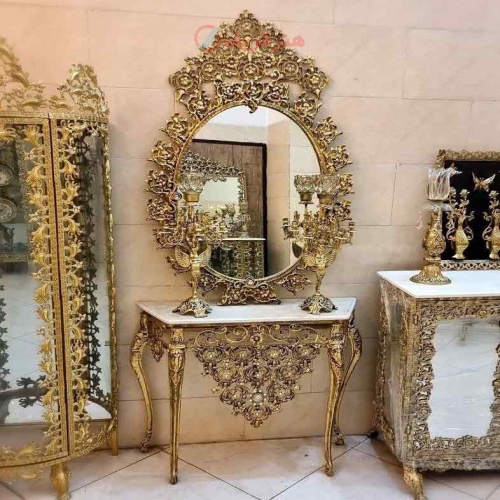 خرید، قیمت و مشخصات میز آینه شمعدان آلومینیومی با روکش برنز، با ورق ضخیم، طرح گل یاس، زیبا و شیک، با ضمانت با کیفیت بودن | هنرظریف