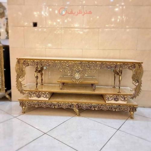 خرید، قیمت و مشخصات میز تلویزیون برنجی مدل طاووس، برنج اصل، بسیار زیبا و شیک، با کیفیت و ماندگار | هنرظریف