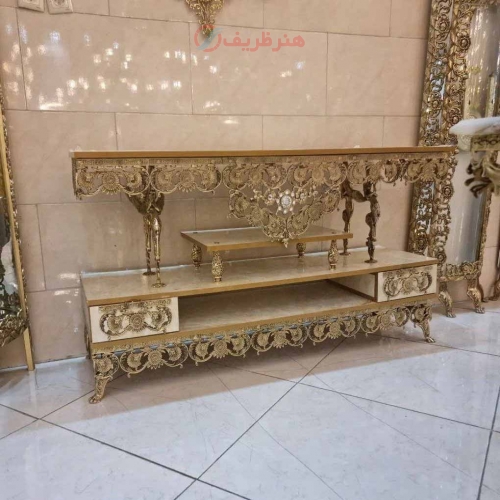 خرید، قیمت و مشخصات میز تلویزیون برنزی مدل پیچک، بسیار زیبا و شیک، برنز درجه 1، ورق ضخیم، با کیفیت و ماندگار | هنرظریف