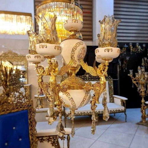 خرید، قیمت و مشخصات لوستر 5 شاخه برنزی، مدل ملایکه، ترکیب با سرامیک، برنز درجه 1، بسیار زیبا و شیک، آبکاری فورتیک | هنرظریف