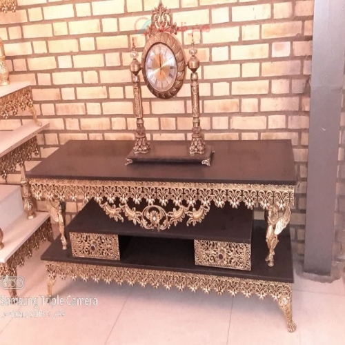 خرید، قیمت و مشخصات میز تلویزیون تاجدار دو کشو باضمانت و آبکاری برنز با کیفیت عالی و درجه 1 | هنرظریف