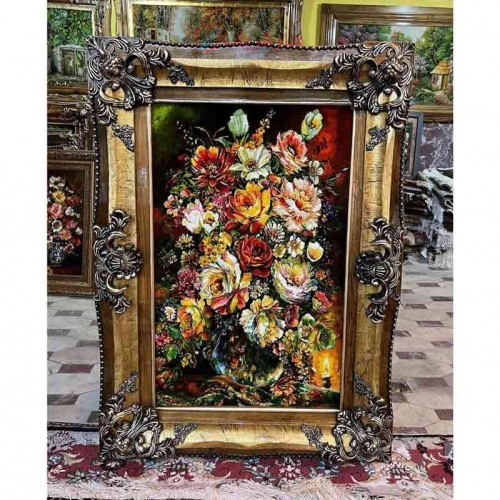 خرید تابلو فرش دستبافت، تابلو فرش دستبافت گل و گلدان چله ابریشم پر از ابریشم، 50 رج، زیر قمت بازار | هنرظریف