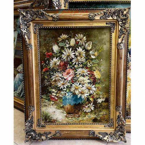 خرید تابلو فرش دستبافت، تابلو فرش دستبافت، گل و گلدان چله ابریشم پر از ابریشم 50 رج، زیر قیمت بازار | هنرظریف