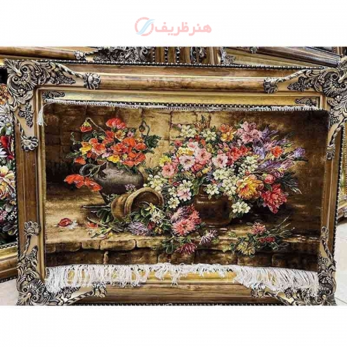 خرید تابلو فرش دستبافت، تابلو فرش دستبافت گل و گلدان چله ابریشم چر از ابریشم 50رج، زیر قیمت بازار | هنرظریف