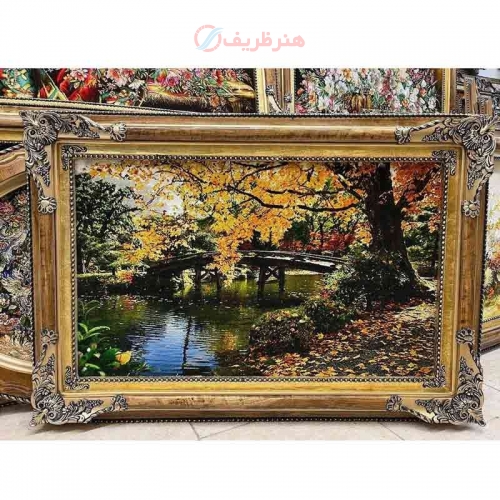 خرید تابلو فرش دستبافت،تابلو فرش دستبافت، منظره پل چله ابریشم پر از ابریشم 50رج کف ابریشم، زیر قیمت بازار | هنرظریف