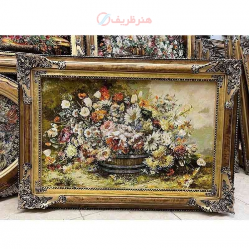 خرید تابلو فرش دستبافت، تابلو فرش دستبافت، گل گلدان چله ابریشم پر از ابریشم 50 رج، زیر قیمت بازار | هنرظریف