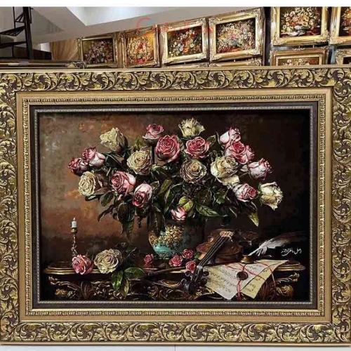 خرید تابلو فرش دستبافت، تابلو فرش دستبافت، گل و گلدان چله ابریشم پر از ابریشم 50 رج، زیر قیمت بازار | هنرظریف