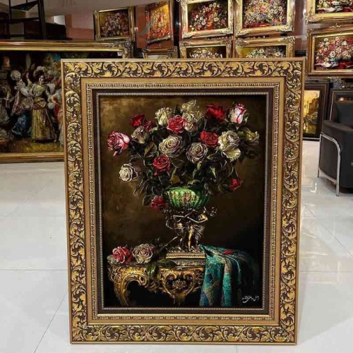 خرید تابلو فرش دستبافت، تابلو فرش دستبافت، گل و گلدان چله ابریشم پر از ابریشم 50رج، زیر قیمت بازار | هنرظریف