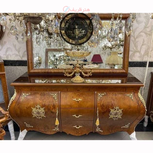 خرید، قیمت و مشخصات آینه کنسول خمره ای وسط کشو، چوب روس با تزئینات برنزی به طور مستقیم از تولیدکننده | هنرظریف