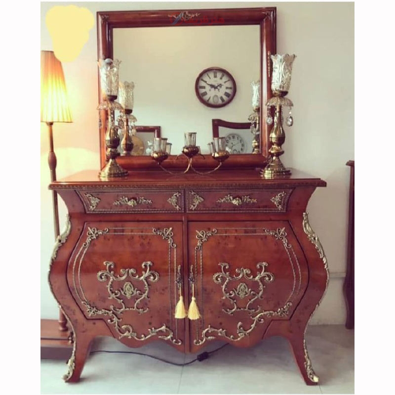 خرید، قیمت و مشخصات کنسول چوب روس روکش مازول ایتالیایی، برنز و برنج، آینه دار_ هنرظریف