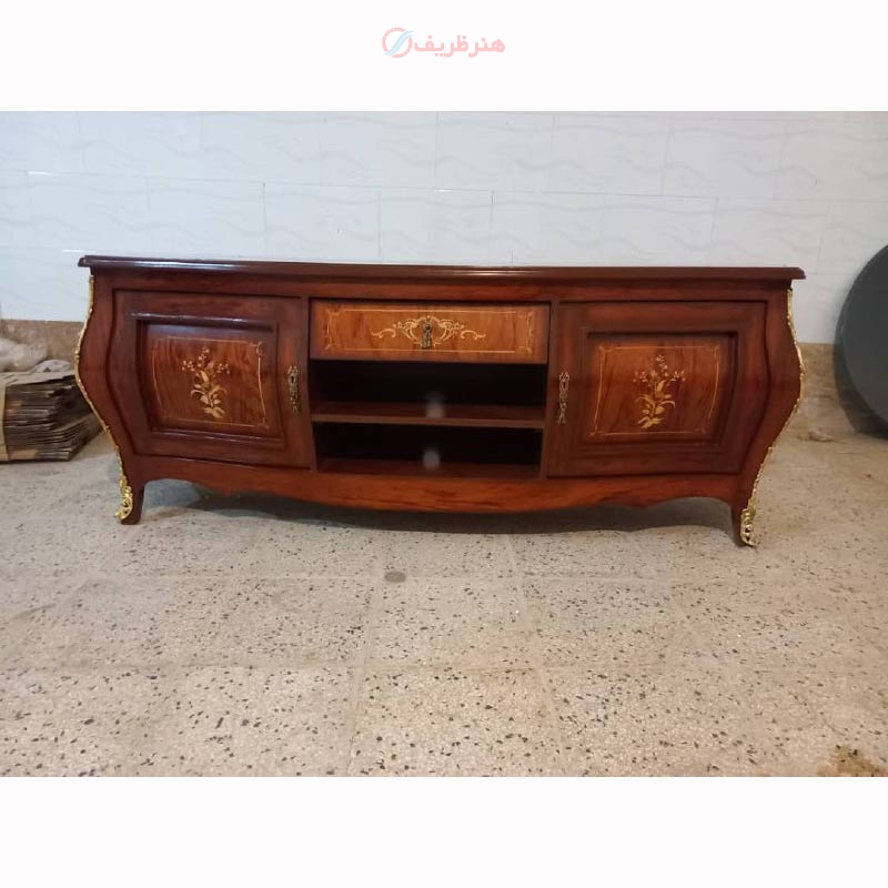 خرید، قیمت و مشخصات میز تلویزیون قاب تونیک معرق، چوب روس، روکش کاواز، معرق کاری شده_ هنرظریف
