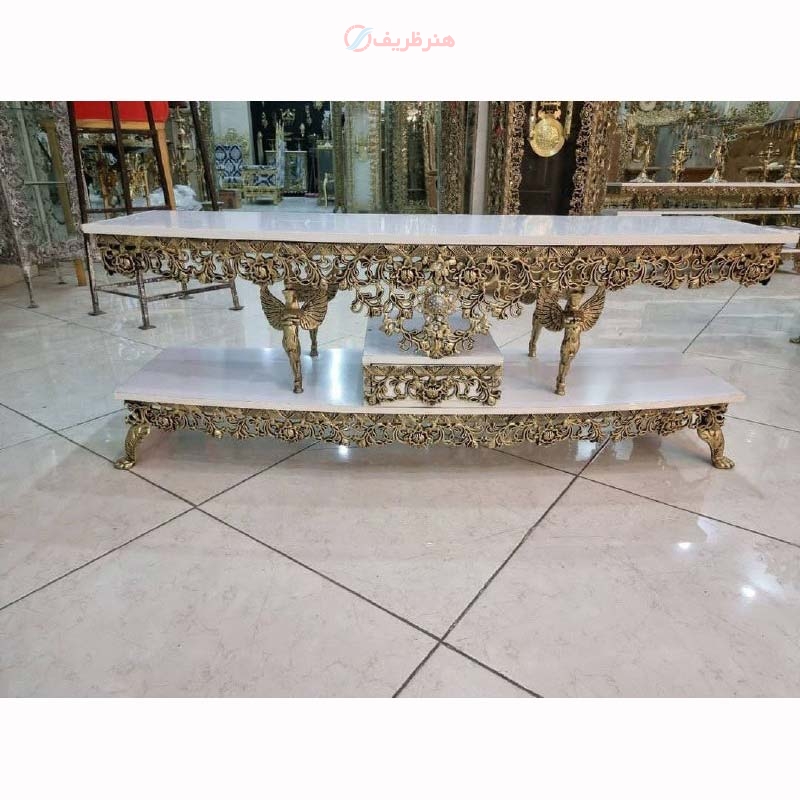 خرید، قیمت و مشخصات میز تلویزیون، در رنگ های سفید، نقره ای و طلایی، آلومنیوم درجه 1 با طراحی جدید_ هنرظریف