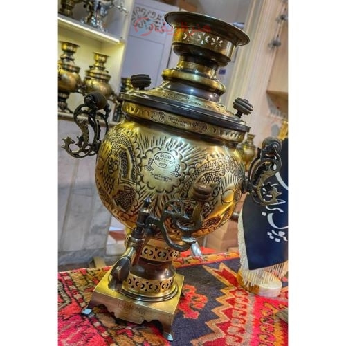 خرید آنلاین، سماور زغالی 6 لیتری توپی دسته توری، طرح قلم پایه مربع بزرگ، ورق صخیم، باکیفیت درجه یک | هنرظریف