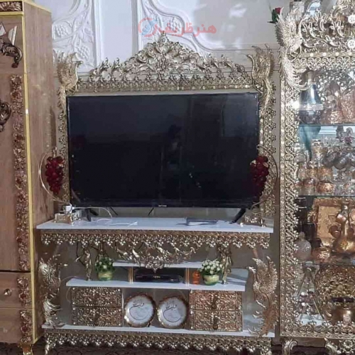 خرید، قیمت و مشخصات میز تلویزیون تاجدار طاووسی چهار کشو و قاب دار با چهار طاووس بسیار زیبا و خاص | هنر ظریف