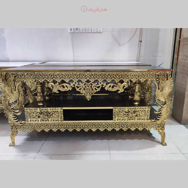 خرید قیمت و مشخصات میز تلویزیون طرح طاووس، تاجدار، کشو بغل، آبکاری برنز رنگ ثابت و ماندگار تولید اصفهان | هنرظریف