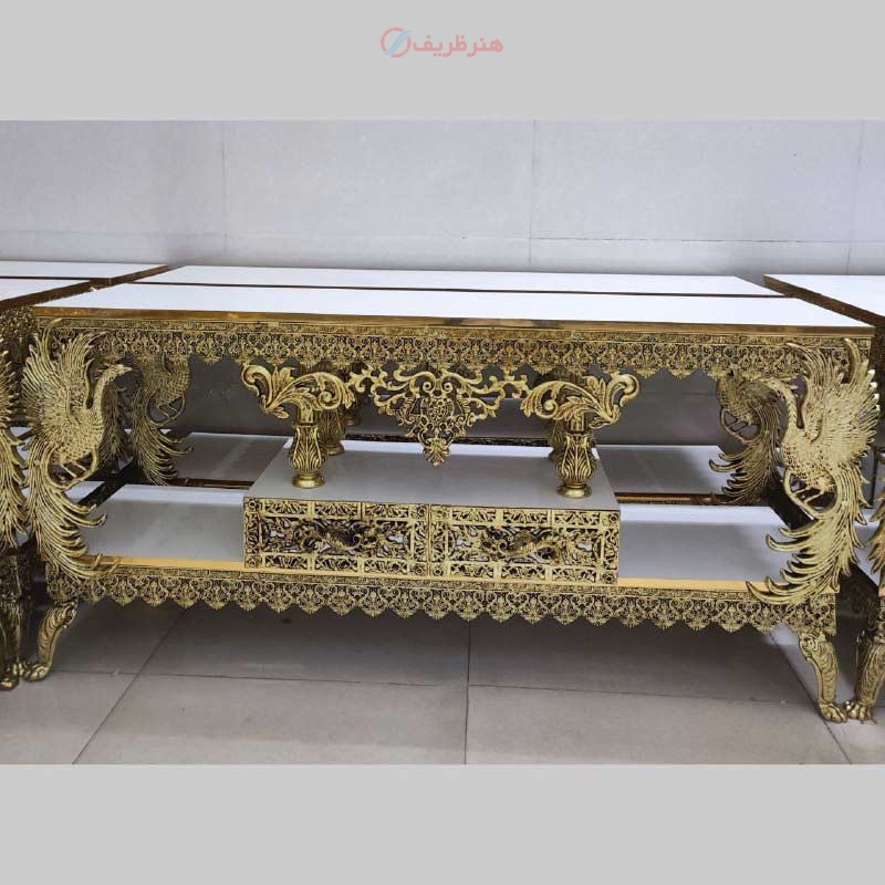 خرید قیمت و مشخصات میز تلویزیون طرح طاووس تاجدار، کشو وسط، آبکاری برنز رنگ ثابت با کیفیت عالی محصول اصفهان | هنرظریف