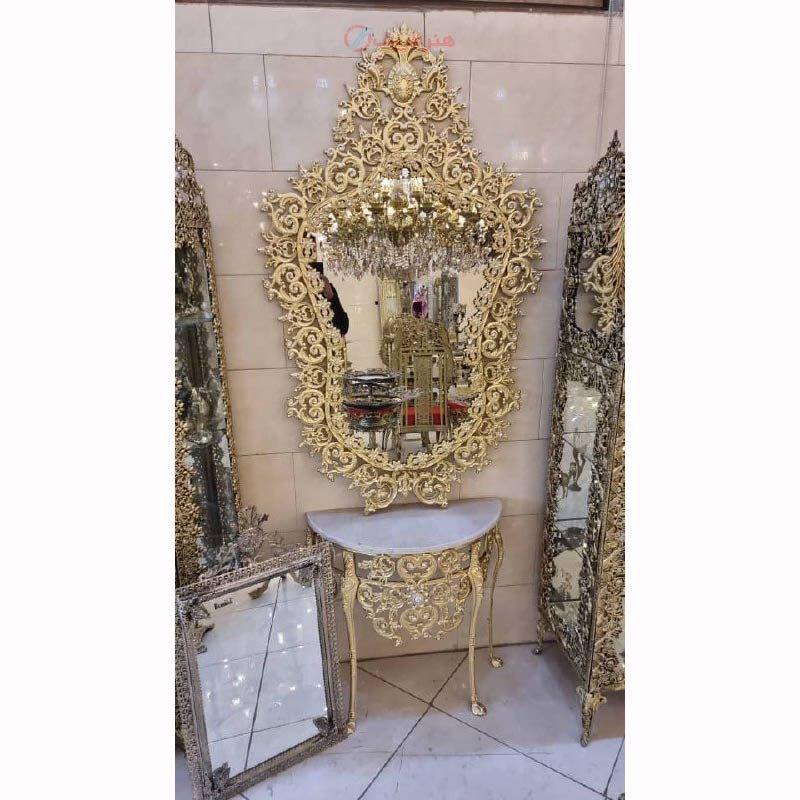 خرید، قیمت و مشخصات آیینه کنسول تاجدار با طراحی خاص و جدید رنگ ثابت و روکش برنز محصول اصفهان | هنرظریف