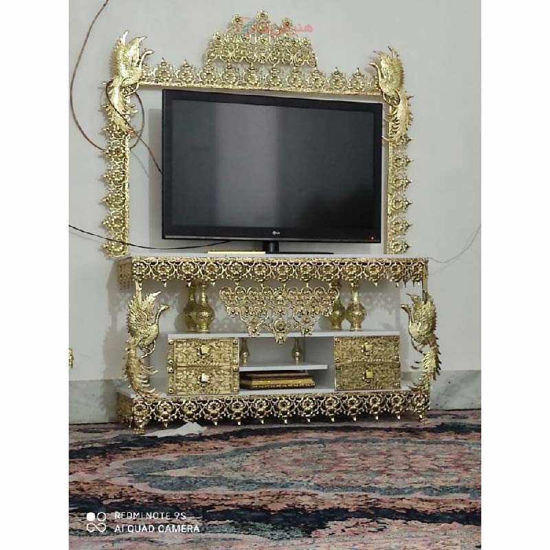 خرید، قیمت و مشخصات میز تلویزیون ۴ کشو، بسیار زیبا و خاص، طرح طاووس با کیفیت اعلاء و روکش برنز | هنرظریف