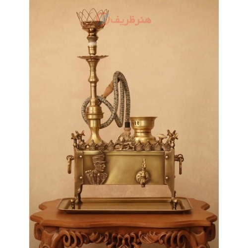 خرید، قیمت و مشخصات منقل سماوری زغالی برنجی قلیان دار پلاک رضا شاه، با کیفیت بالا و ورق ضخیم، محصول اصفهان | هنرظریف