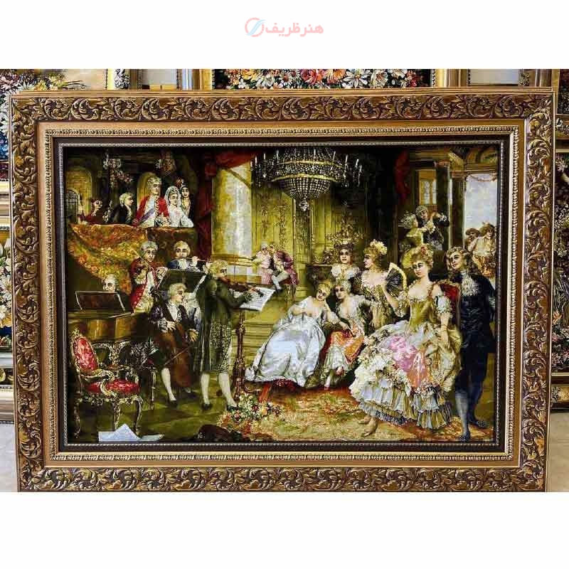 خرید تابلو فرش دستبافت، تابلو فرش دستبافت کلاس موسیقی، چله ابریشم پر از ابریشم، 50 رج، زیر قیمت بازار | هنرظریف