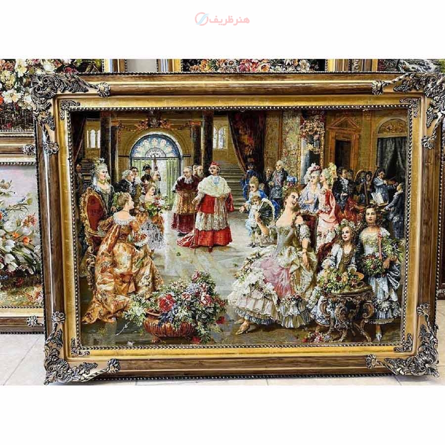 خرید تابلو فرش دستبافت، تابلو فرش دستباف مهمانی پاپ چله ابریشم پر از ابریشم 50رج،زیر قیمت بازار | هنرظریف