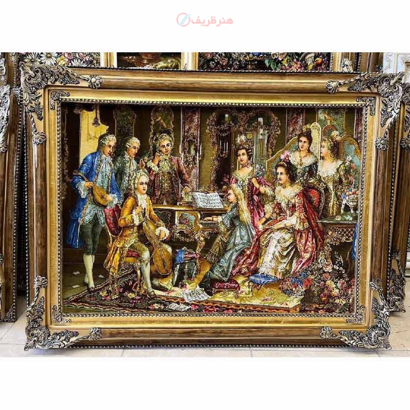 خرید تابلو فرش دستبافت، تابلو فرش دستبافت، پیانو نواز چله ابریشم پر از ابریشم 50رج، اصل تبریز | هنرظریف