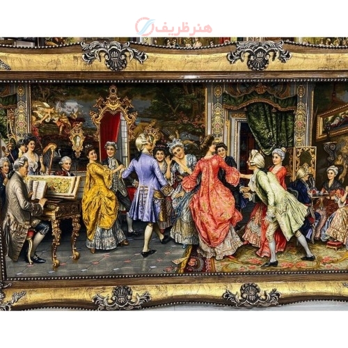 خرید تابلو فرش دستبافت، تابلو فرش دستبافت مهمانی رقص چله ابریشم 50 رج، با کیفیت بالا و درجه یک، زیر قیمت بازار | هنرظریف