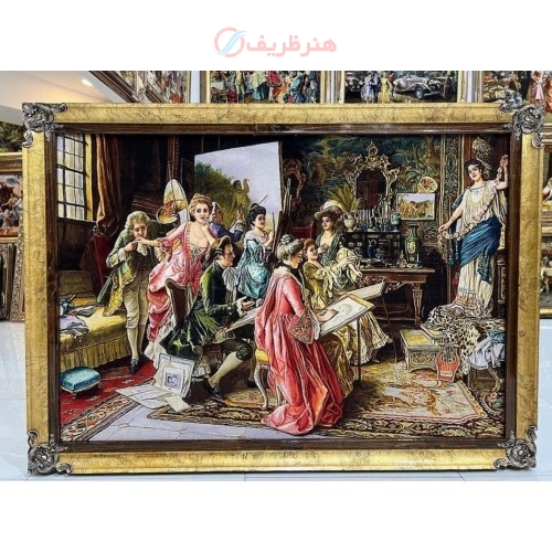 خرید تابلو فرش دستبافت، تابلو فرش دستبافت کلاس نقاشی، چله ابریشم 55 رج، زیر قیمت بازار | هنرظریف
