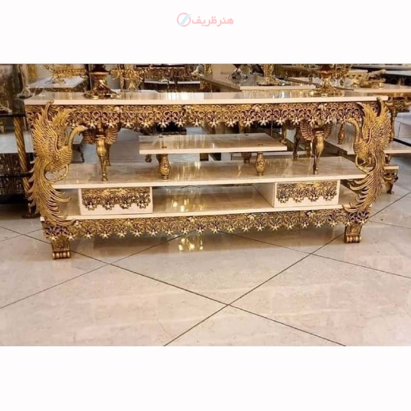 خرید، قیمت و مشخصات میز تلوزیون دو کشو طرح طاووس با طراحی جدید و خاص با کیفیت اعلاء و روکش برنز | هنرظریف