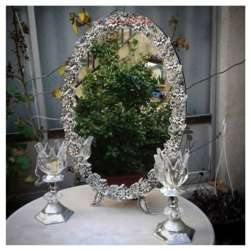 خرید آنلاین، سرویس آینه شمعدان روکش نقره با نقش نگار زیبا و ماندگار، به قیمت تولیدی | هنرظریف