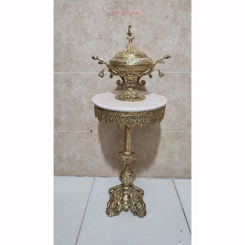 خرید، قیمت و مشخصات، میز تلفن پایه برگی تاجدار ، قطر 40، جنس آلیاژ آلومینیوم با آبکاری برنز، به قیمت تولیدی | هنرظریف
